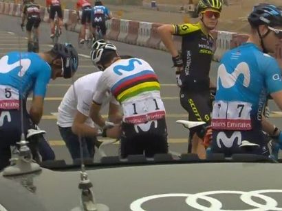 Tour de los Emiratos: Alejandro Valverde sufre una caída sin consecuencias en la sexta etapa