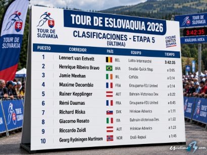 Clasificaciones completas de la 5� etapa del Tour de Eslovaquia 2026 (�ltima)