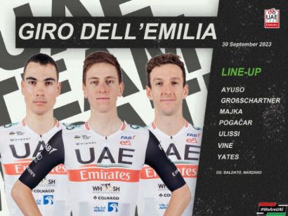 Tadej Pogacar, con Juan Ayuso y Adam Yates en el Giro de Emilia y Tres Valles Varesinos