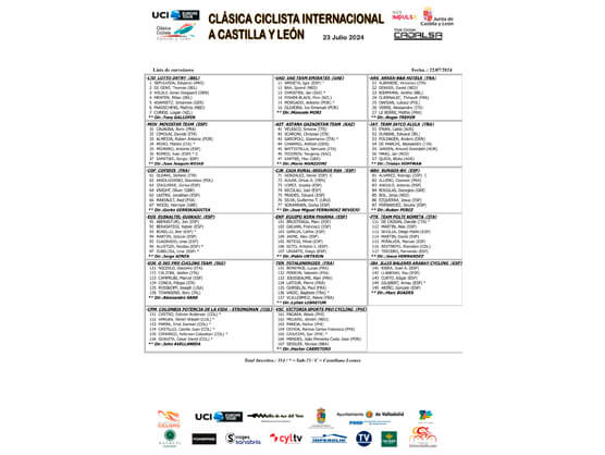 Listado oficial del ciclistas inscritos en la Clásica Ciclista Internacional a Castilla y León 2024 Listado oficial del ciclistas inscritos en la Clásica Ciclista Internacional a Castilla y León 2024