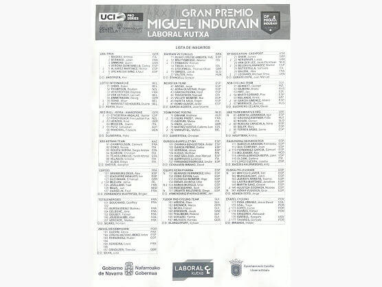 Listado oficial de ciclistas inscritos en el Gran Premio Miguel Indur�in 2026 [Dorsales]