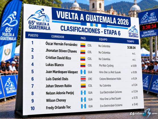 Clasificaciones completas de la 6ª etapa de la Vuelta a Guatemala 2026 Clasificaciones completas de la 6ª etapa de la Vuelta a Guatemala 2026