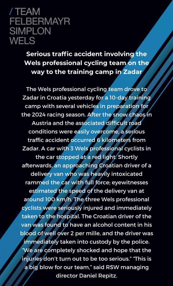 Un conductor borracho manda al hospital a 3 ciclistas del equipo Felbermayr-Simplon Wels