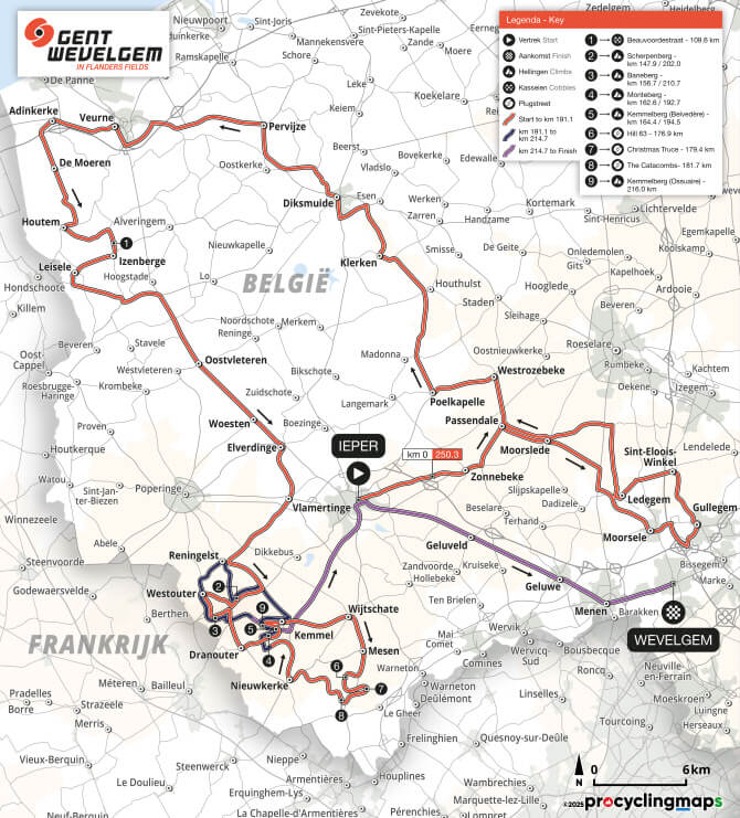 Mapa del recorrido completo de la Gante-Wevelgem 2025
