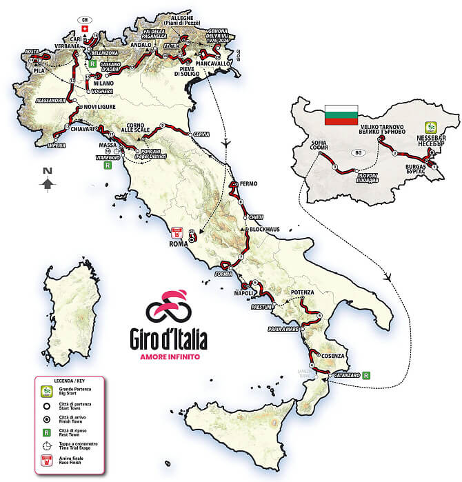 Mapa del recorrido completo del Giro de Italia 2026