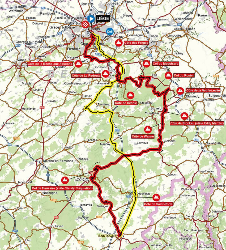 Mapa del recorrido completo de la Lieja-Basto�a-Lieja 2026