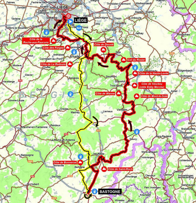 Mapa del recorrido de la Lieja-Bastoa-Lieja 2024