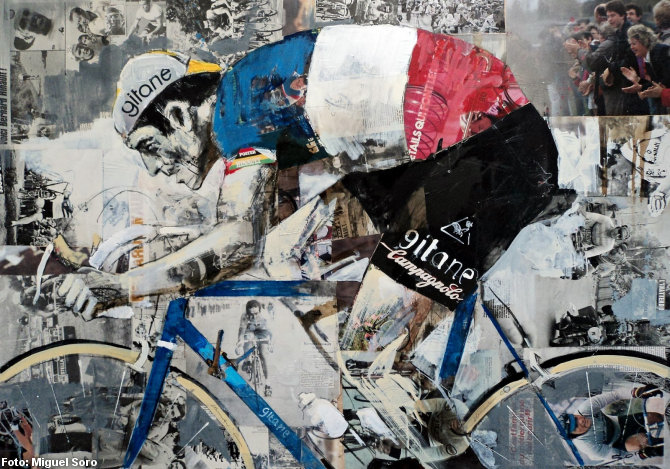 Bernard Hinault, Campen de Francia. acrlico/tabla/collage
