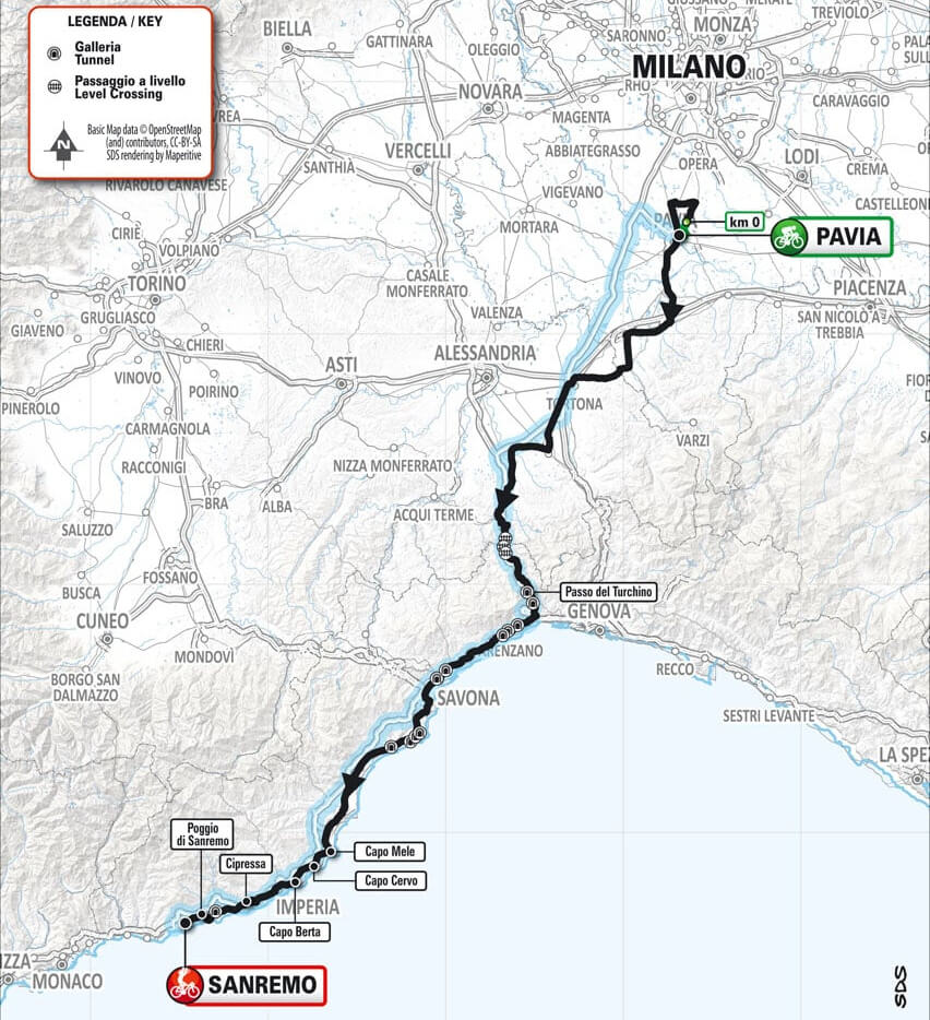 Mapa del recorrido de la Miln-San Remo 2025