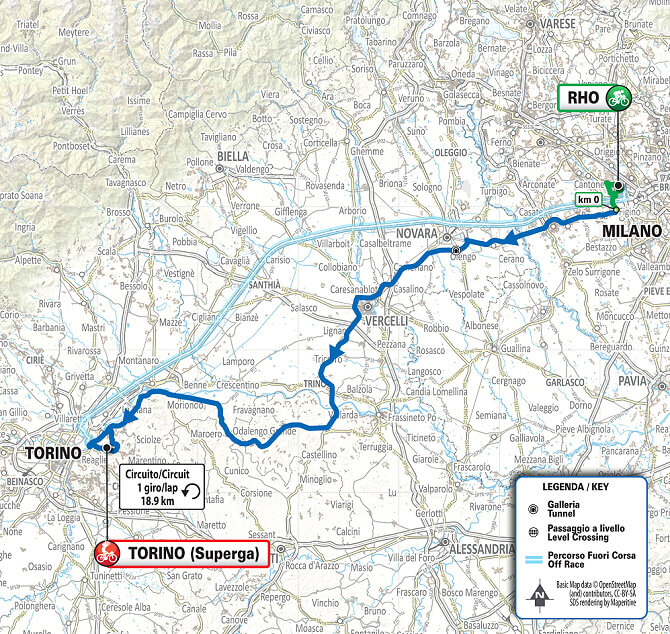 Mapa del recorrido completo de la Milán-Turín 2026 Mapa del recorrido completo de la Milán-Turín 2026
