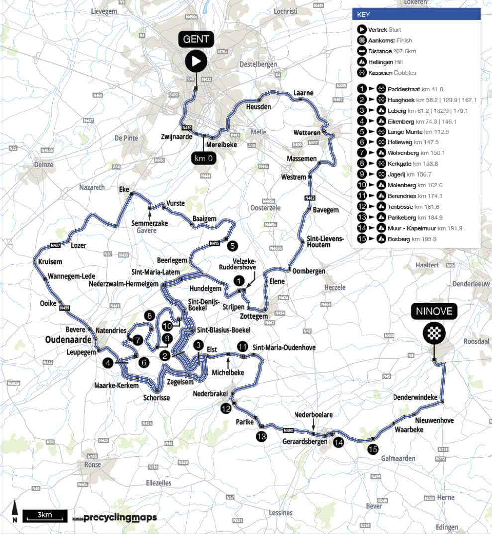 Mapa del recorrido completo de la Omloop Nieuwsblad 2026 Mapa del recorrido completo de la Omloop Nieuwsblad 2026