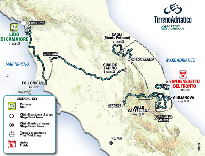 Mapa del recorrido de la Tirreno-Adritico 2024