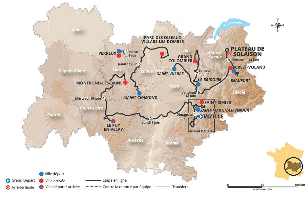 Mapa del recorrido completo del Tour Auvernia-Ródano-Alpes 2026 Mapa del recorrido completo del Tour Auvernia-Ródano-Alpes 2026