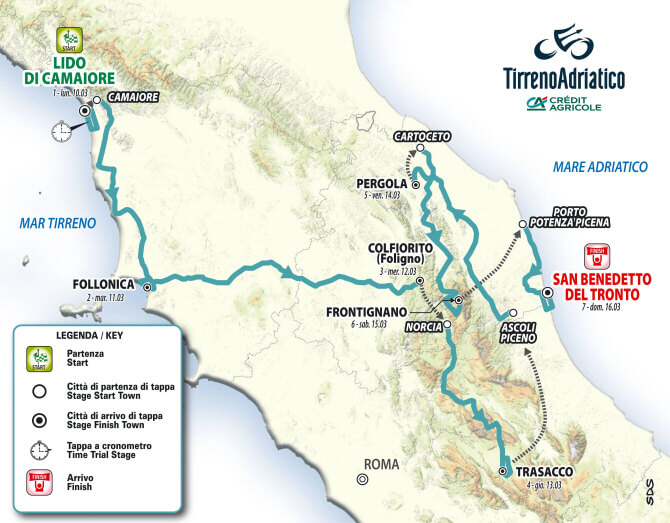 Mapa del recorrido de la Tirreno-Adritico 2025
