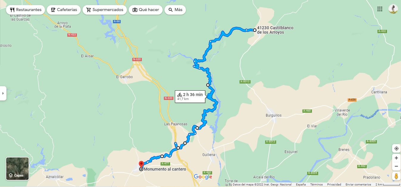 Mapa de la ruta 2: Ruta del Agua hasta Castiblanco de los Arroyos